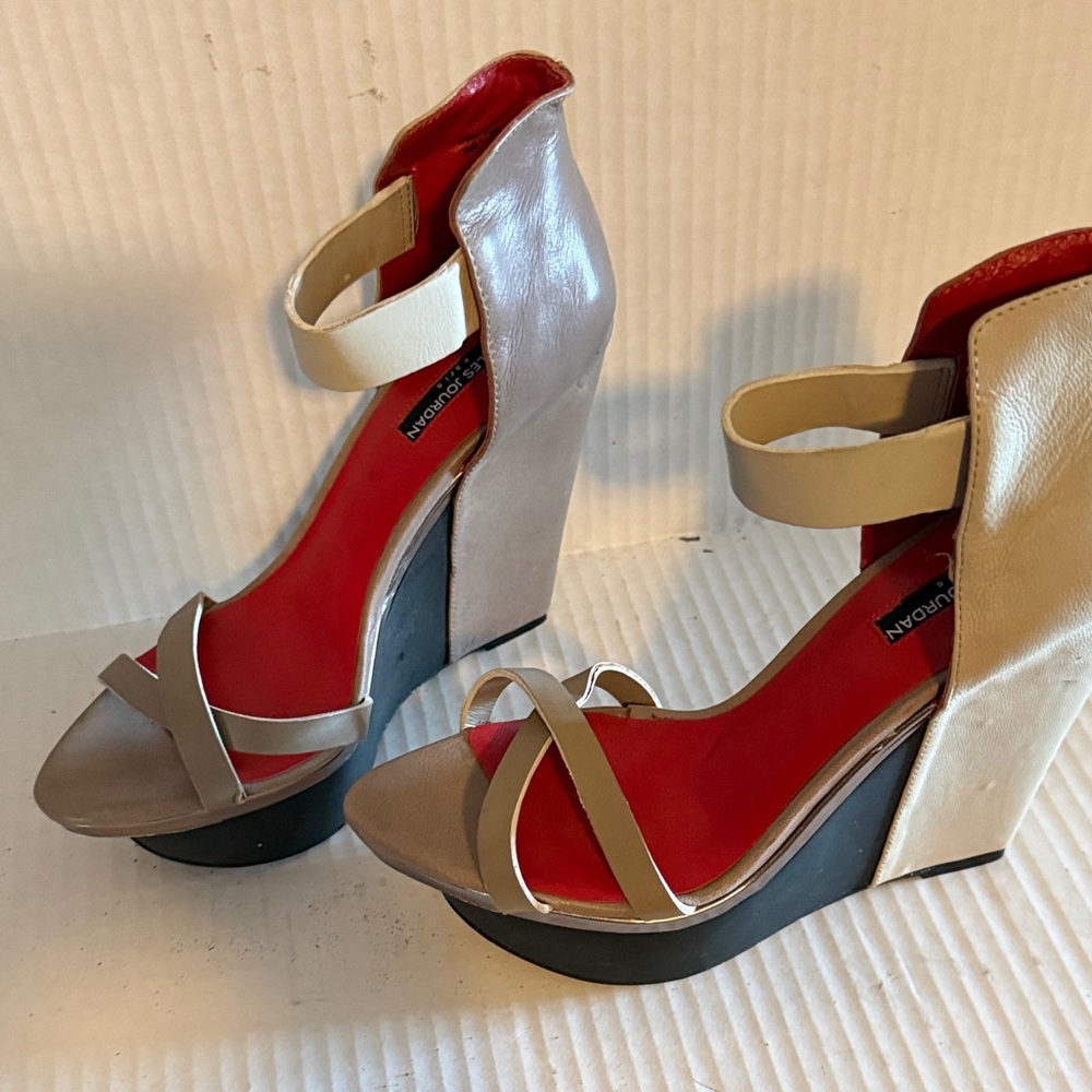 Charles Jourdan Beige and Red Strappy Wedge Heels